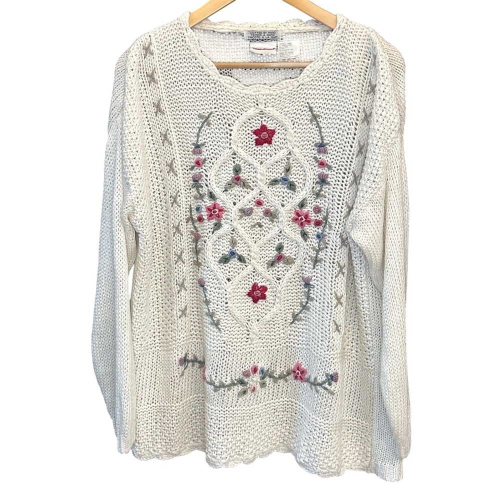 Vintage Bobbie Brooks Cream Knit Floral Embroidery Pullover Sweater Grannycore